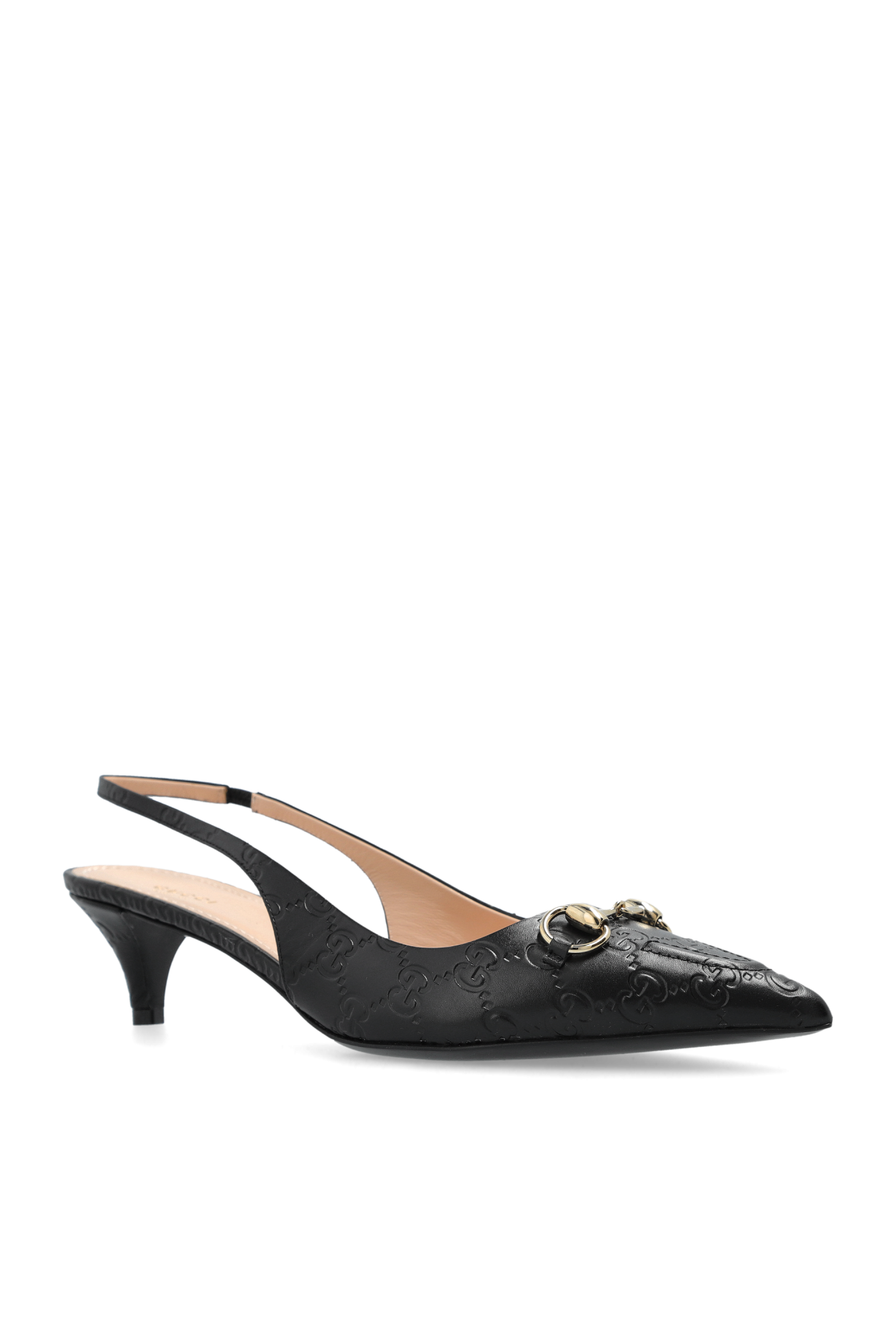 GUCCI 黒 ポインテッドトゥ ミュール Gucci Charlotte Black Glitter Horsebit Peep Toe Platform
